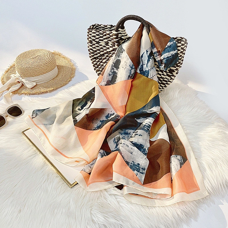 Color checked black and white printed sunscreen shawl long imitated silk scarf silk shawl