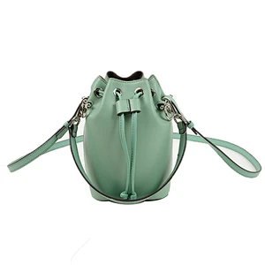 Fashion women genuine leather hand bag lady bucket shoulder handbag with drawstring