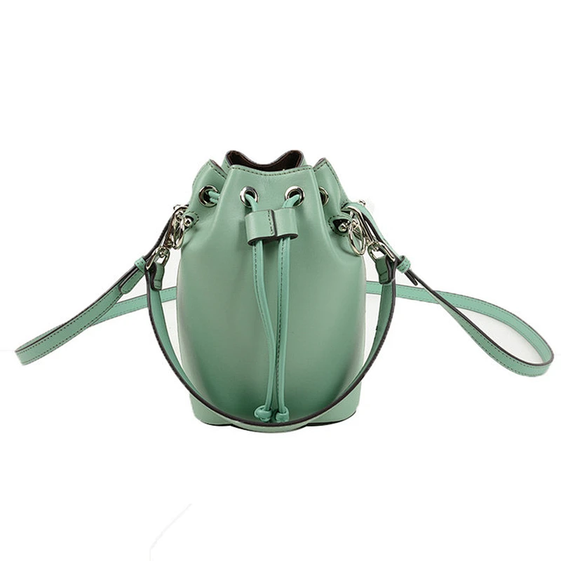 Fashion women genuine leather hand bag lady bucket shoulder handbag with drawstring