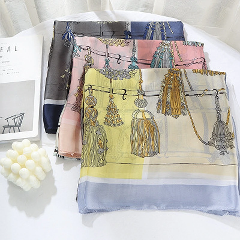 Rope knot printing simulation silk summer thin sunscreen scarf female beach towel pink long silk scarf supplier