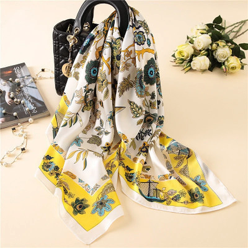 Fashion printed decorative female variety shawl satin silk square neck scarf 90cm
