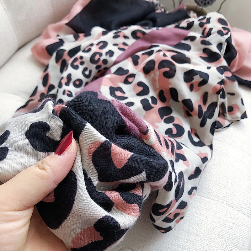 Women's thin leopard square stitching cotton and linen long shawl leopard silk blended scarf