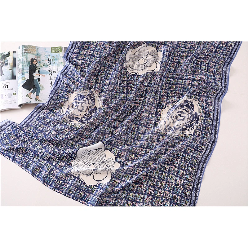 Color grid camellia pattern long scarf multi-purpose shawl wholesale plaid silk satin scarf