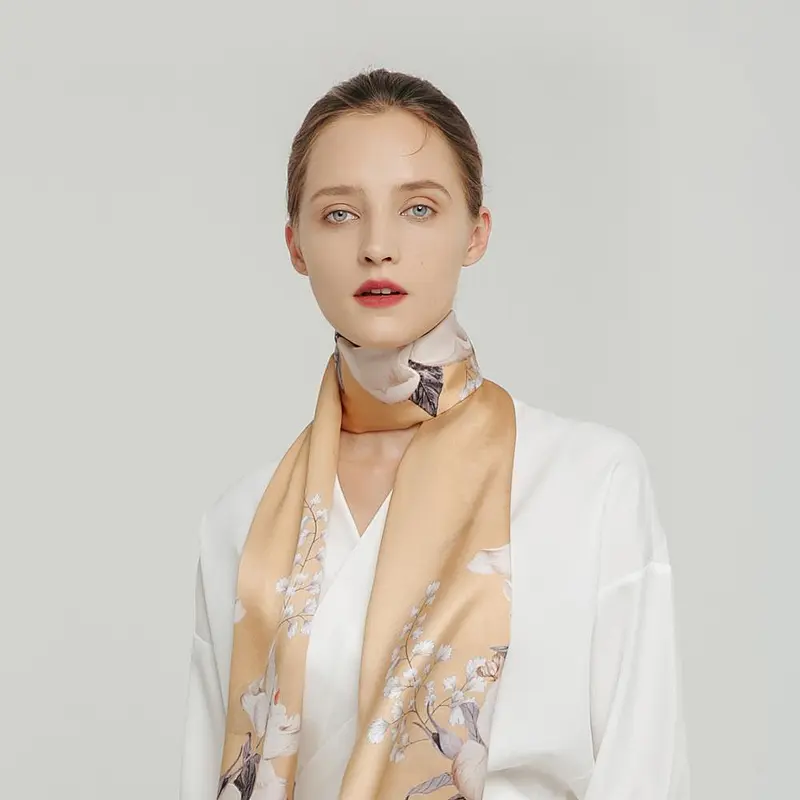 Lady elegant Satin Crepe Mulberry silk women long print silk scarf