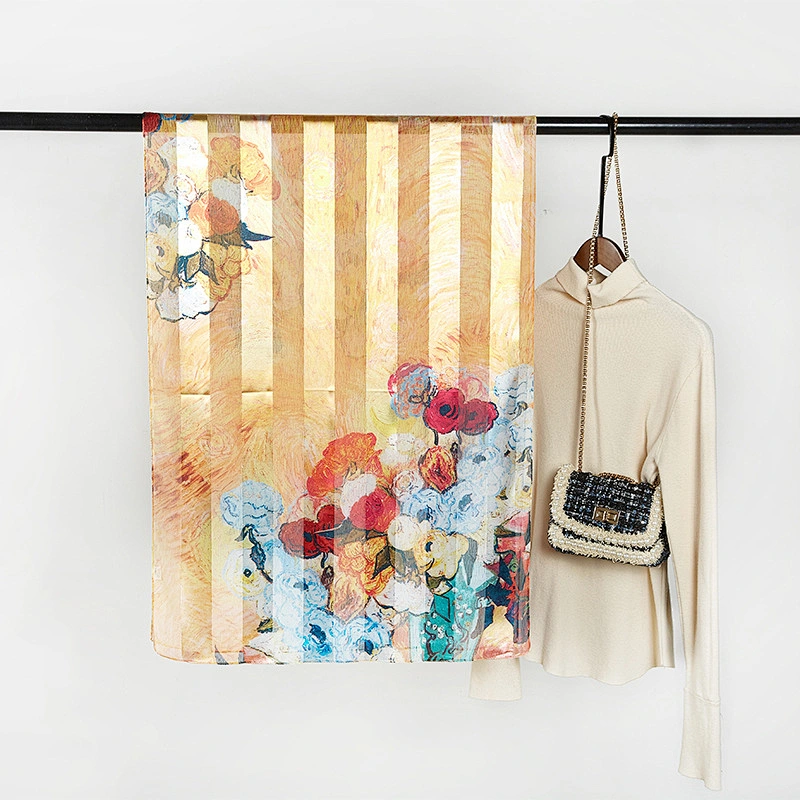 High-end gift oil painting stripe sunscreen long shawl scarf wholesale fashion ladies silk scarf