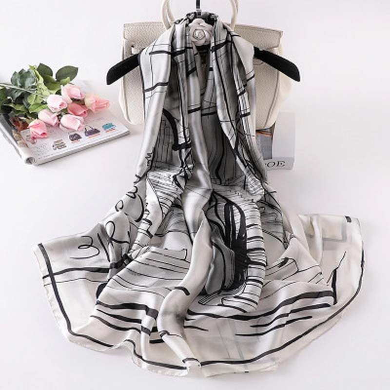 Female imitated silk air conditioning shawl fashion line ink graffiti long silk beach scarf shawl