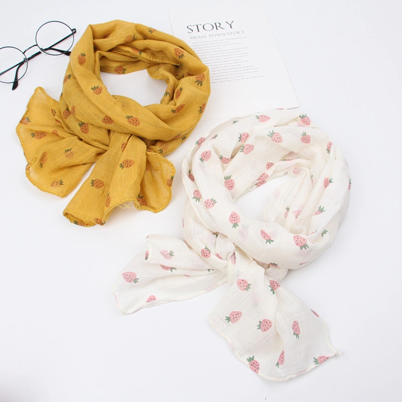 Simple printed cotton and linen thin strawberry pattern kids baby summer scarf