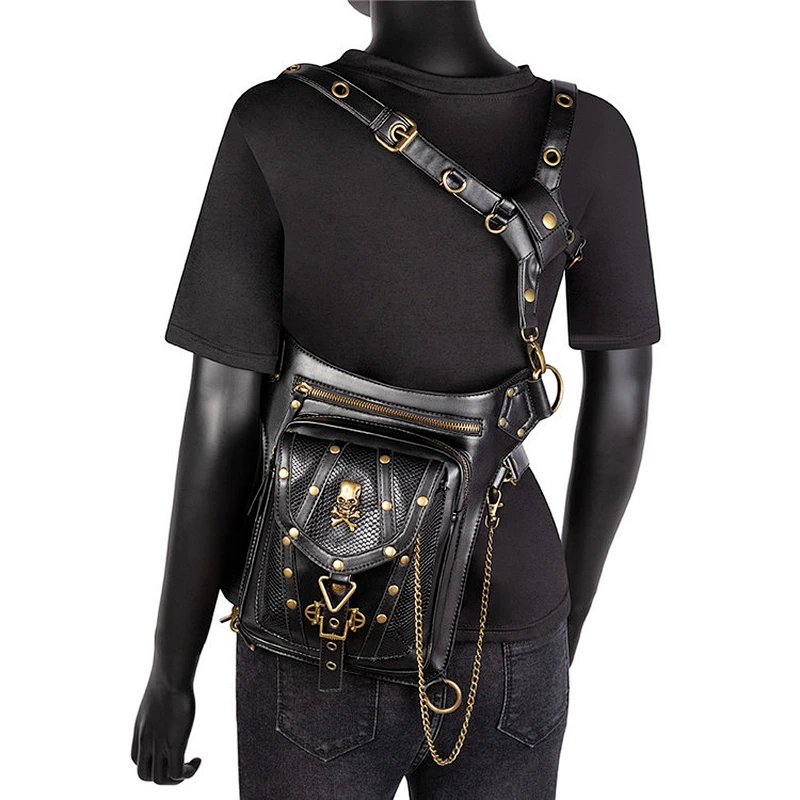 Fashion rivet mens gothic bag steampunk retro rock women skull waist bag shoulder messenger bags