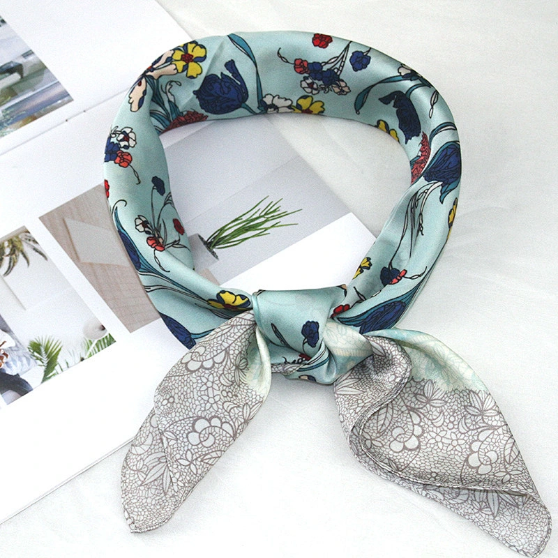 Ethnic style floral silk printing 70cm ladies satin silk head scarf for hair