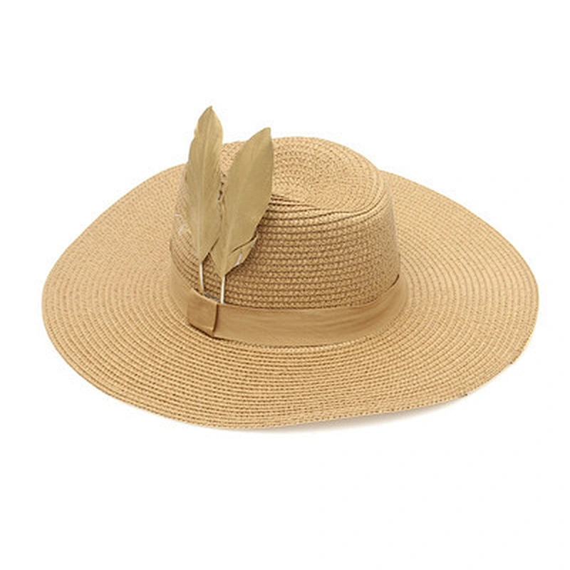Mauncaturer Customized Made Wide Brim Straw Sun Hats Promotional Summer Beach Woven Paper Straw Hats With Feather