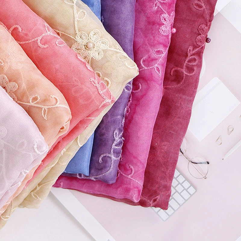 Muslim jacquard pearl imitated silk embroidered women scarf lace shawl hijab women