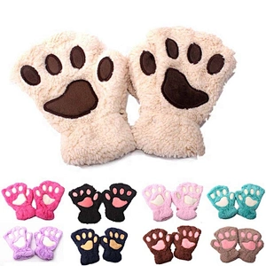 Best Winter Lovely Cartoon Cat Claw Gloves Thick Warm Fluffy Paws Half Finger Glove For Kids