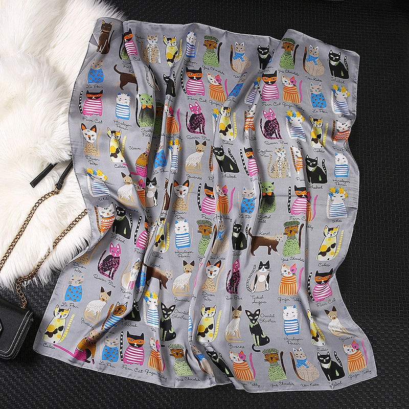 Spot cat cute print sunscreen square scarf cheap muslim elegant silk scarfs for women