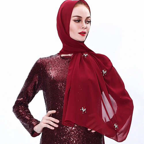 Breathable fashion long scarf muslim rhinestone ladies chiffon scarf hijab with pearl