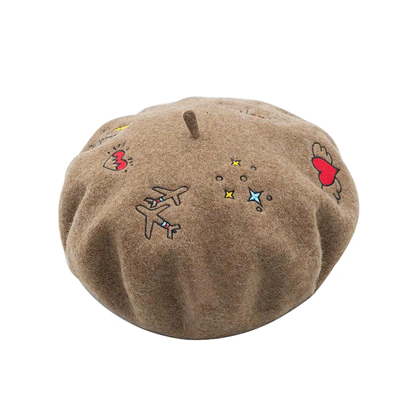 Cute high quality wool warm women beret with embroidery for wholesale