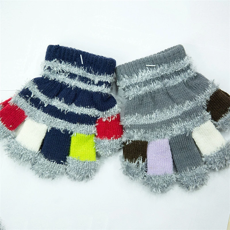 Warm baby feather yarn gloves with rope children soft gloves