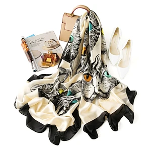 Wholesale sunscreen scarf seaside travel cute cartoon cat printed long silk scarf shawl for women