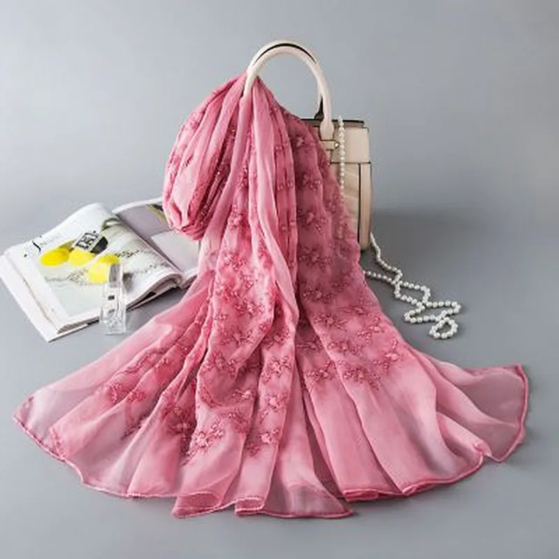 Floral embroidered silk sunscreen shawl scarf vintage silk painting scarf designs luxury shawl