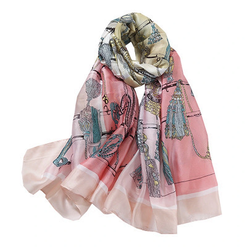 Rope knot printing simulation silk summer thin sunscreen scarf female beach towel pink long silk scarf supplier