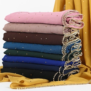 High quality pearl chiffon and diamond long muslim ladies polyester beaded hijab scarf