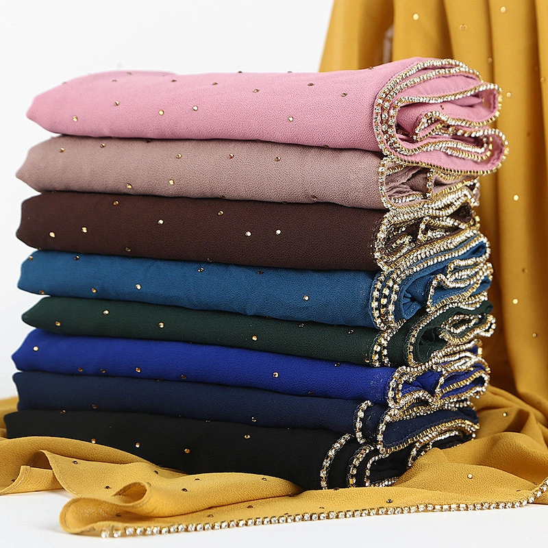 High quality pearl chiffon and diamond long muslim ladies polyester beaded hijab scarf