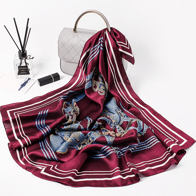 High-grade lock button printed silk square sunscreenscarf womens summer square satin female scarfs
