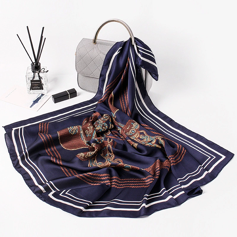 High-grade lock button printed silk square sunscreenscarf womens summer square satin female scarfs