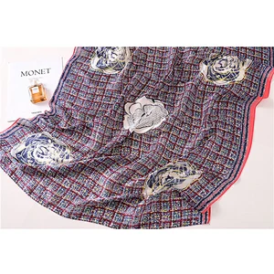Color grid camellia pattern long scarf multi-purpose shawl wholesale plaid silk satin scarf