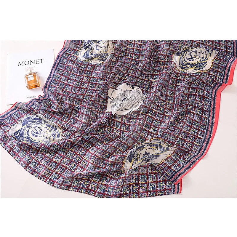 Color grid camellia pattern long scarf multi-purpose shawl wholesale plaid silk satin scarf