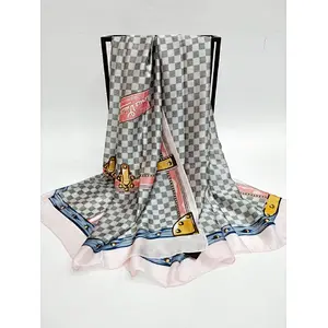 Classic check new silk satin printed ladies multifunctional shawl custom satin silk scarf