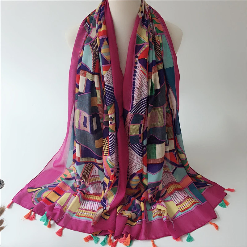 2020 new mercerized cotton encrypted Bali yarn print ladies bali yarn  tassel scarf summer cotton