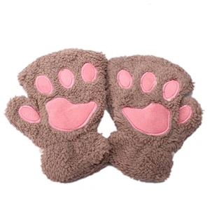 Best Winter Lovely Cartoon Cat Claw Gloves Thick Warm Fluffy Paws Half Finger Glove For Kids