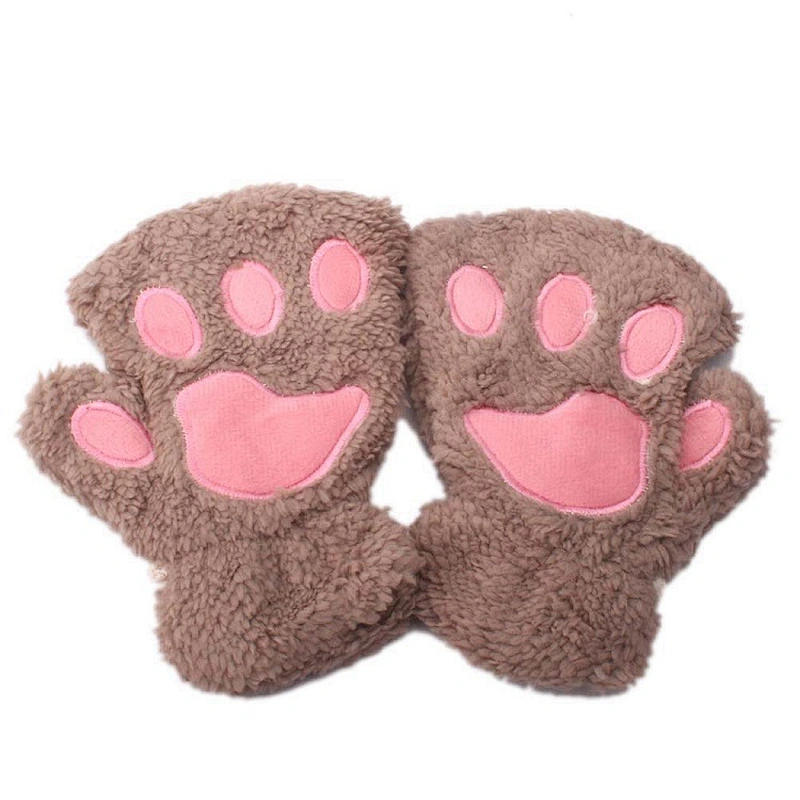 Best Winter Lovely Cartoon Cat Claw Gloves Thick Warm Fluffy Paws Half Finger Glove For Kids