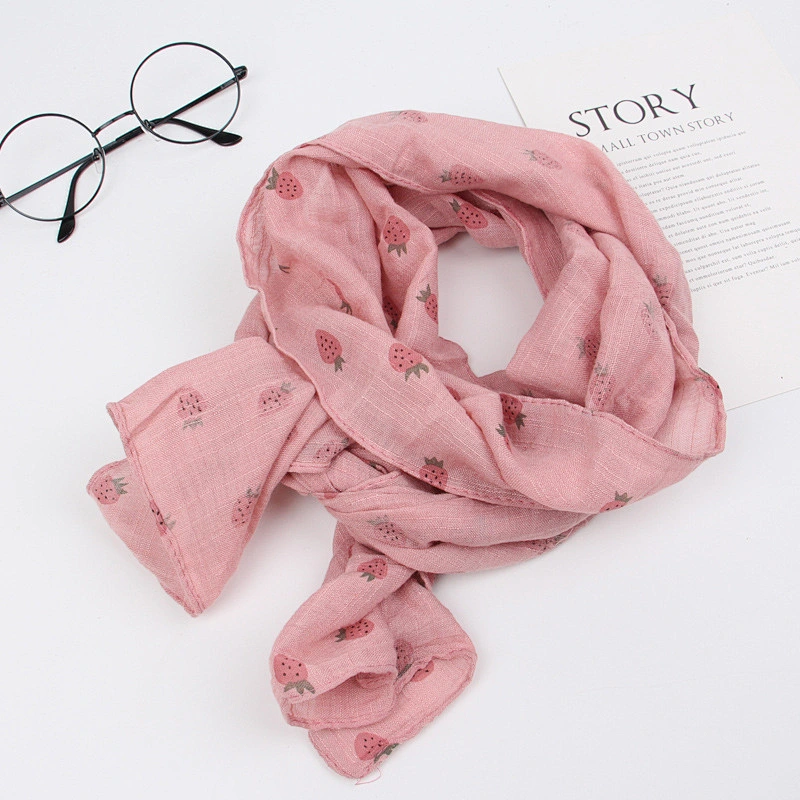 Simple printed cotton and linen thin strawberry pattern kids baby summer scarf