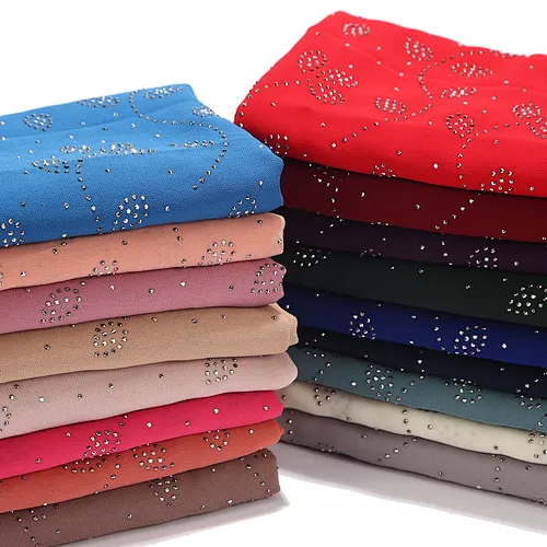 hot sale 23 color stock pearl chiffon hot diamond small leaves malaysian chiffon hijab scarf
