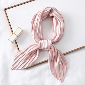 Solid color wild plain creased small satin simulation silk square scarf scarves for women