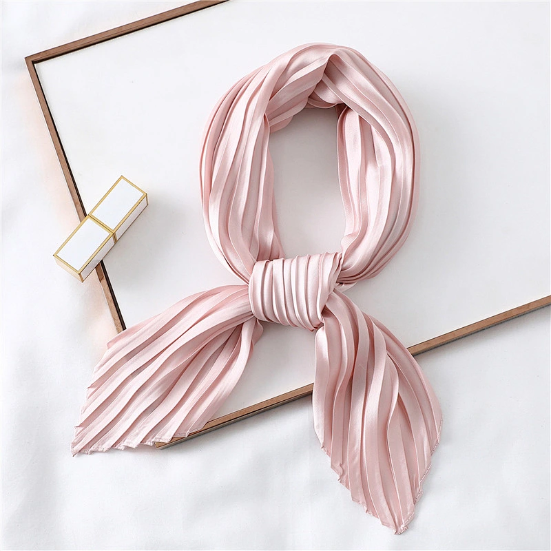Solid color wild plain creased small satin simulation silk square scarf scarves for women