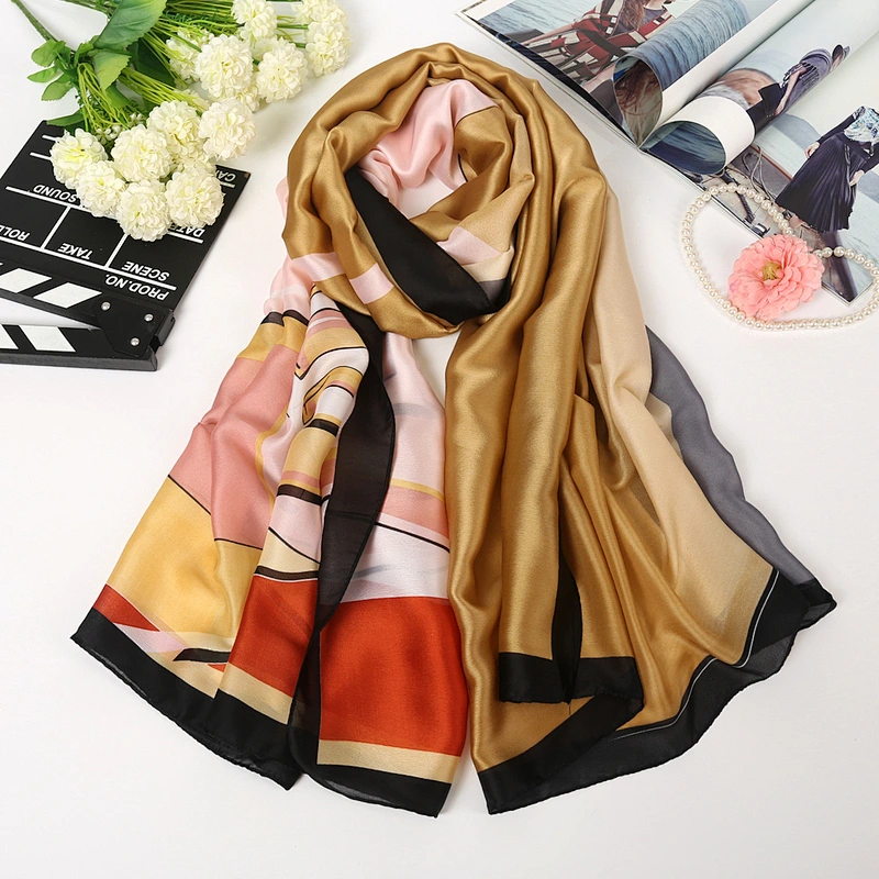 Female decorative travel beach towel simulation silk geometric print silk long scarf shawl promotional