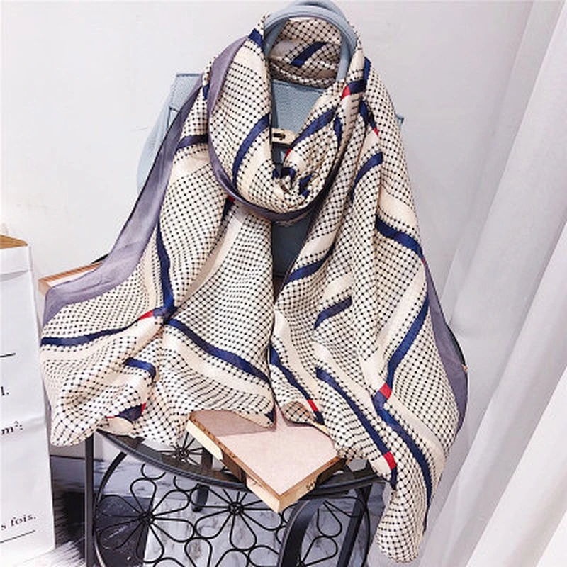 Summer dual-use long check print shawl  foulard silk twill scarf wholesale china