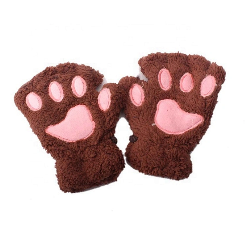 Best Winter Lovely Cartoon Cat Claw Gloves Thick Warm Fluffy Paws Half Finger Glove For Kids