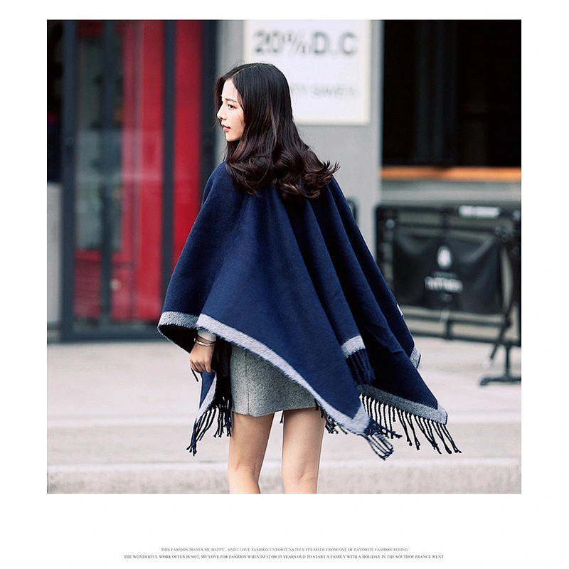 European American Style Split Shawl Cloak Double-Sided Monochrome Cashmere Scarf Warm Oversized Shawl