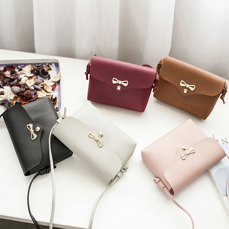 Women Promotion Cheap PU Leather Girls Mini Messenger Crossbody Bowknot Bag