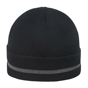 New Style Double-Layer Warm Woolen Hat With Curled Edge Fluorescent Color Reflective Strip Knitted Hat