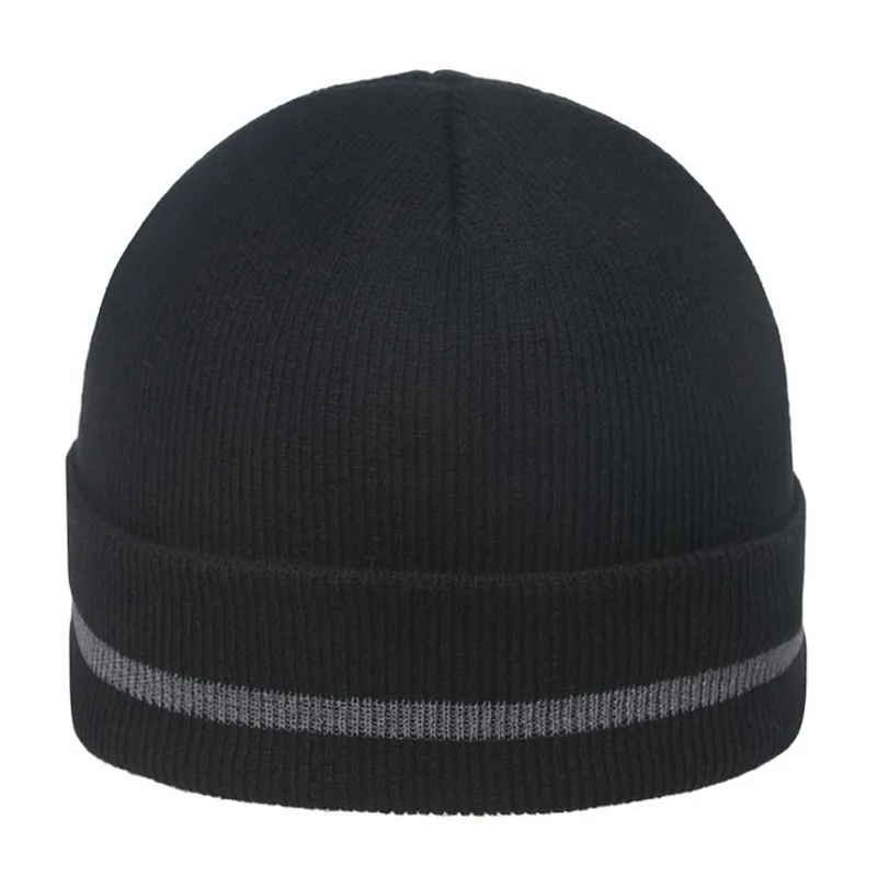 New Style Double-Layer Warm Woolen Hat With Curled Edge Fluorescent Color Reflective Strip Knitted Hat