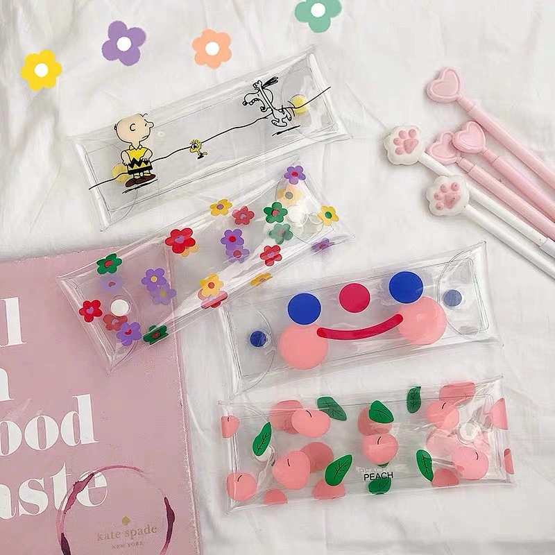 Wholesale Ins Hot Transparent Cute Flower Pen Bag Cloud Smile Face Pencil Case Student Use Stationery Storage Box