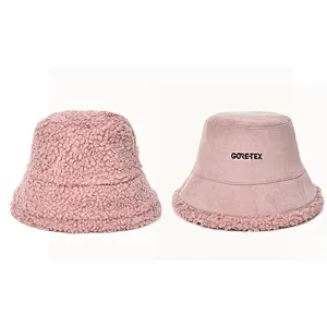 Ladies Suede Embroidered Logo Women Winter Double Sided Reversible Suede Bucket Hat