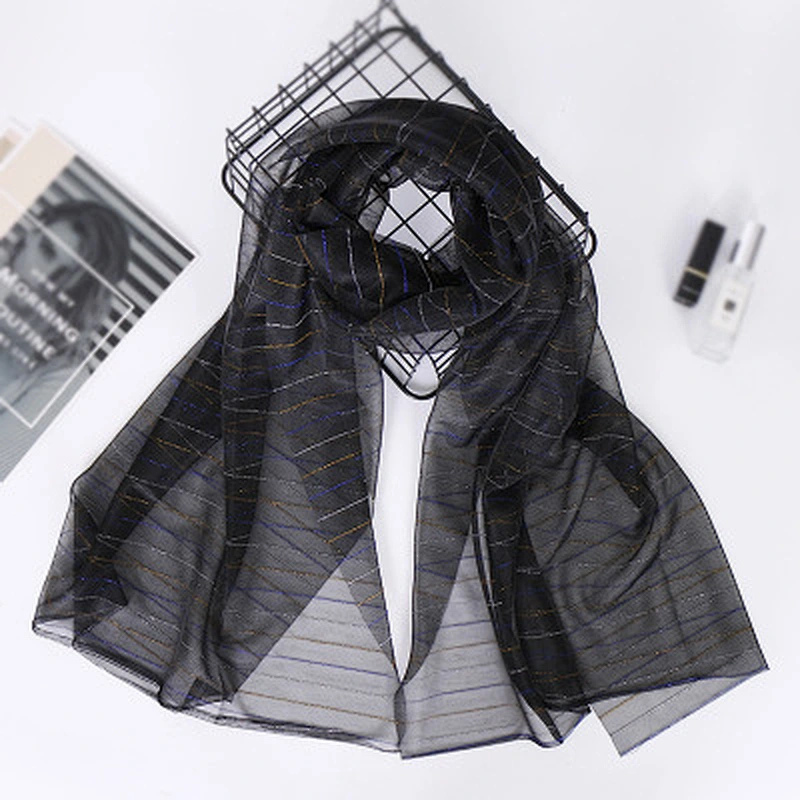 Elastic gold thread braided striped sunscreen shawl muslim wholesale women polyester scarf hijab