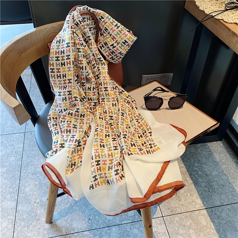 2020 New Fashion Women Embroidered Big Hijab H Letters Shawl Girls Cotton Linen Long Scarf Wrap Shawl