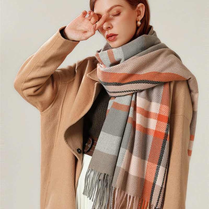 Factory Direct Scarf Female Warmth Cashmere British College Style Woven Tassels Mid-Length Women'S Shawl