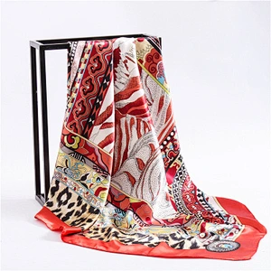 Explosive fashion women retro ethnic geometric square leopard print silk scarf satin scarfs